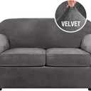 Real Velvet Plush 3 Piece Stretch Sofa Covers Couch Covers for 2 Cushion Couch Loveseat Covers Width Up to 72 Inch Feature Thick Soft Stay in Place (Medium Sofa, Grey)