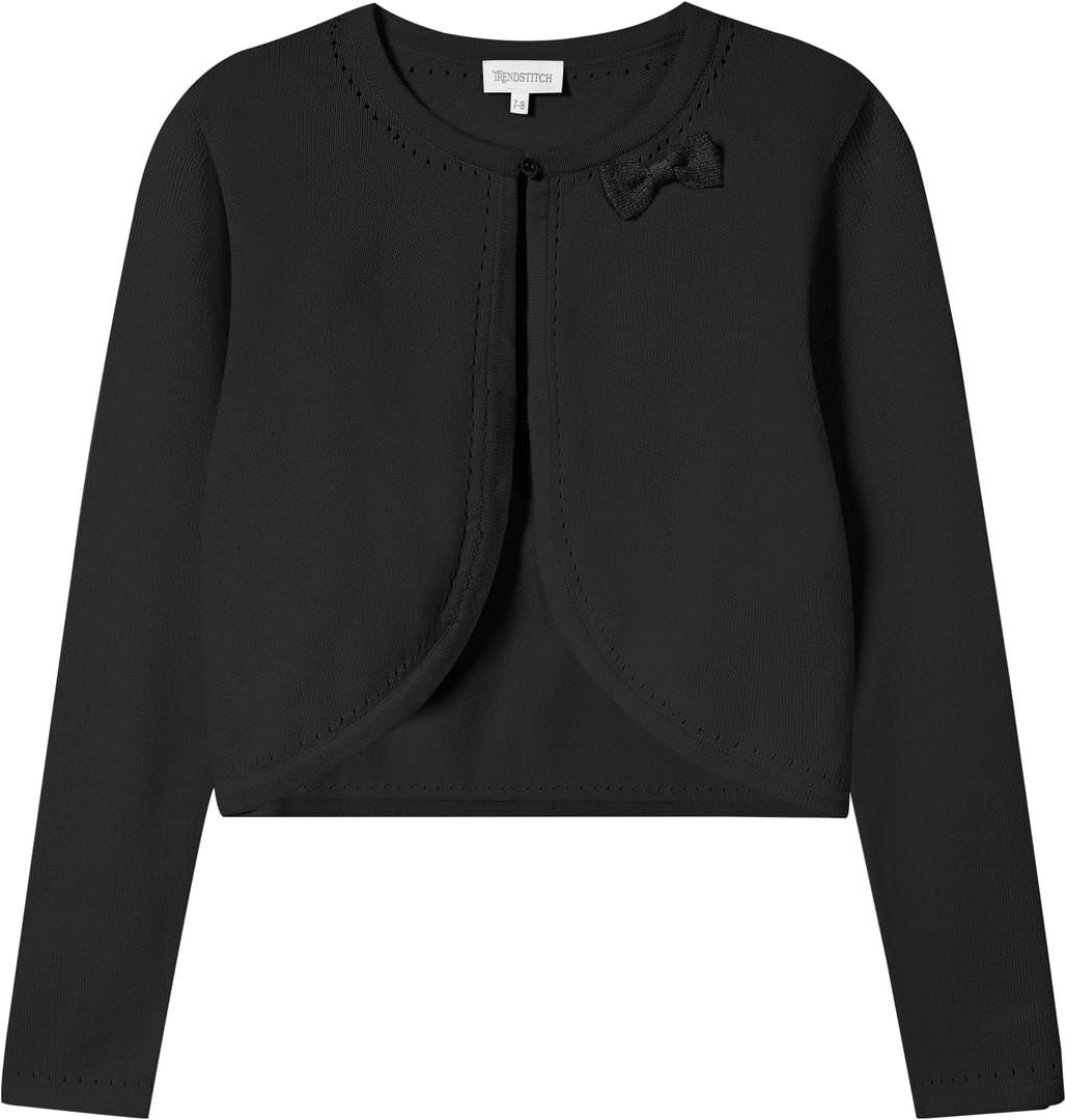 Girls' Cropped Long Sleeve Knitted Bolero Cardigan with Bowknot Button Closure - Kids' Shrug Sweater Jacket Outwear 5-6 Years Black