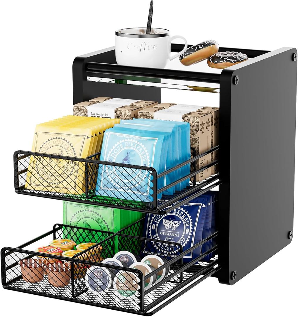 Tea Bag Organizer Box - Wooden Tea Bag Storage with 2 Drawers, Holder & Dispenser for Kitchen Countertop, Office, Tea Station (Black)