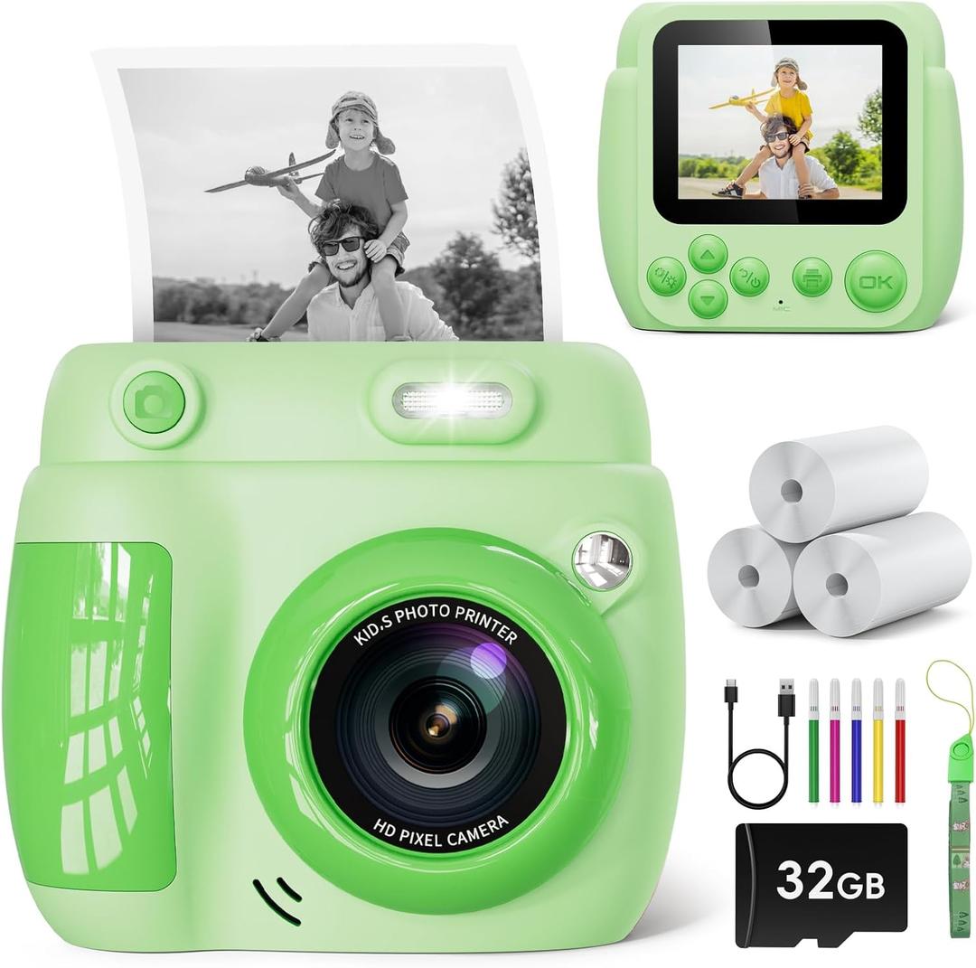 Kids Camera Instant Print, Christmas Birthday Gifts Toys for 3-10 Year Old Boys Girls, 1080P Video 20MP Toddler Digital Camera with 3 Rolls Paper & 32GB Card - Green