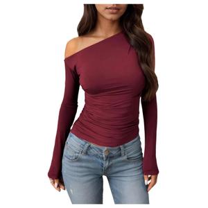 SOLY HUX Women's Off The Shoulder T Shirt Long Sleeve Asymmetrical Neck Ruched Fitted Tee Going Out Tops Pure Burgundy X-Small (XS)