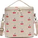 Lunch Bag for Women, Soft Linen Lunch bag with adjustable shoulder strap, Insulated Womens Lunch Bag for Work, Machine Washable Lunch Box with removable liner (Cherry)
