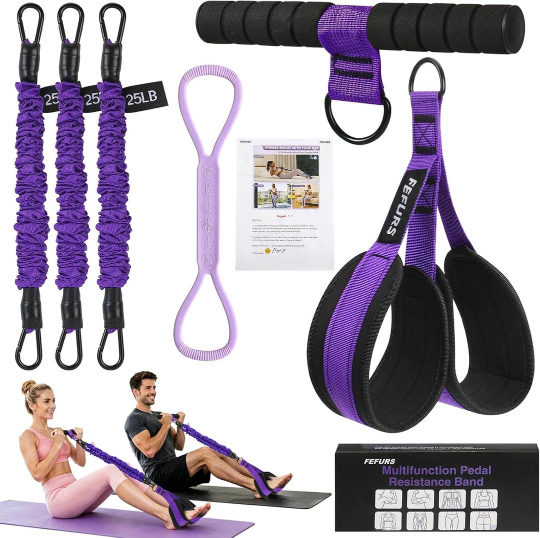 Foot Pedal Resistance Band with Handle,3 Tube Adjustable 75LB Exercise Bands,Upgrade Full Body Workout for Men & Women,Core Abs Legs Glutes Arms, Pilates Strength Training Home Gym Equipment