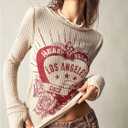 Women's Letter Graphic Tees Waffle Knitted Crew Neck Long Sleeve T Shirts Crop Tops (Beige, S)