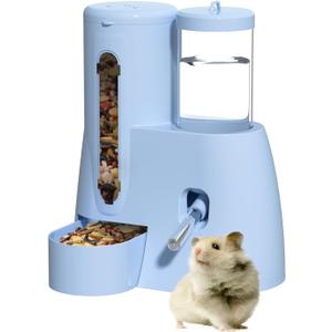 2 in 1 Hamster Water Bottle - Automatic Food Bowl, No Drip Small Animal Water Bottle Dispenser, for Syrian Dwarf Hamsters, Gerbils, Mouse, Hedgehog, Hamster Cage Accessories (Blue, Large)