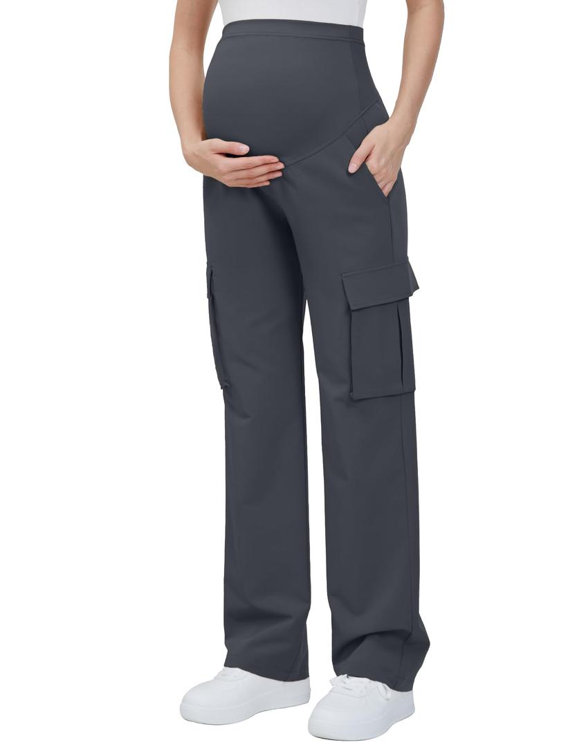 GLAMIX Women's Maternity Cargo Pants with Four Pockets Over The Belly Scrub Pants Pregnancy Clothes(Dark Gray, S) 