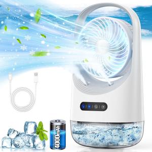 ZHENGXOO 4000mAh Portable Air Conditioners, 3 In 1 Personal Air Conditioner,3 Speeds USB Mini Air Cooler with 400ML Water Tank for Bedroom, Office, Living Room, White