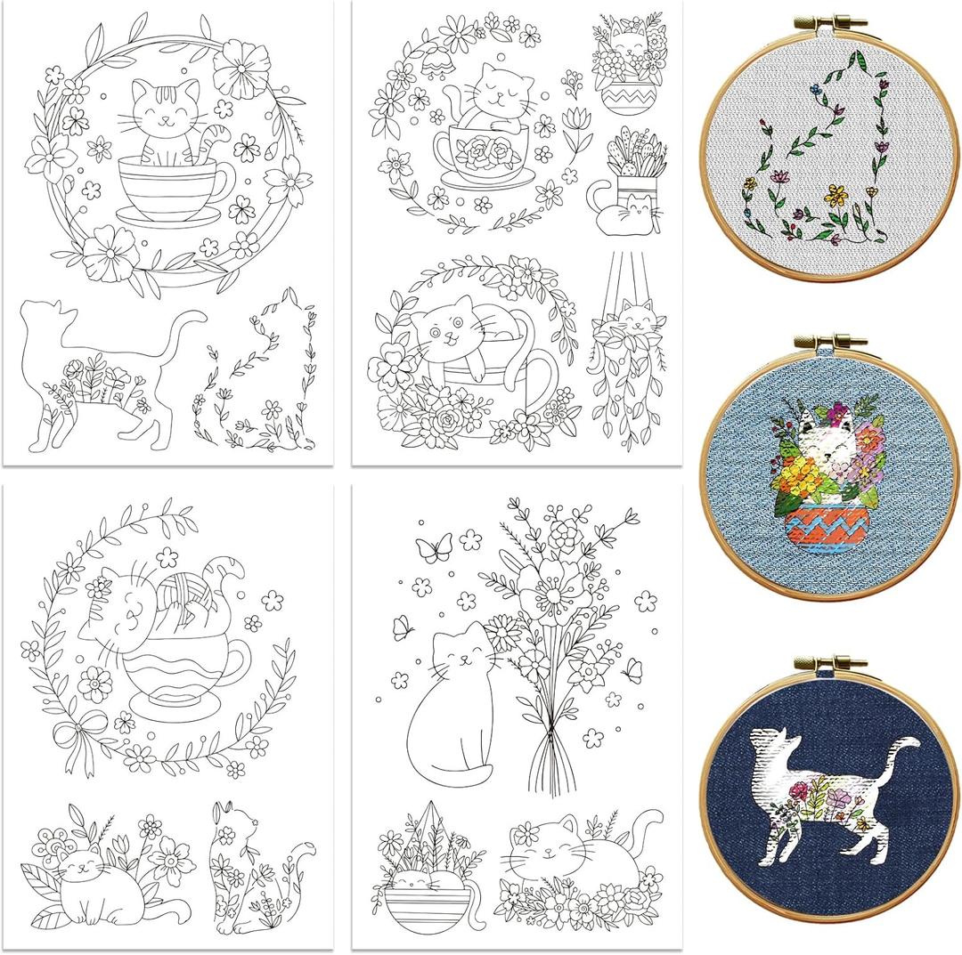 Peacoblue Water Soluble Embroidery Patterns for Beginners Flowers Teacup Cat 4 Sheets with 14pcs Patterns, Wash Away Stick and Stitch Embroidery Pattern Stabilizer for Hand Sewing Lover Women Adults
