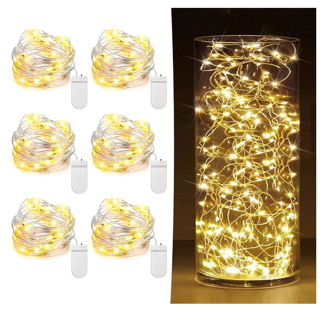 6 Pack Fairy Lights Battery Operated 7ft 20 LED Mini String Lights Twinkle Lights Silver Wire Firefly Starry Moon Lights for Mason Jars Wedding Party Christmas Centerpiece Table Decorations,Warm White