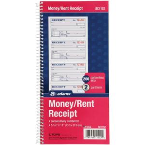 Adams Money and Rent Receipt Book, 2-Part Carbonless, 5-1/4" x 11", Spiral Bound, 200 Sets per Book, 4 Receipts per Page (SC1152) (Smaller pack)