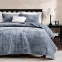 WDCOZY Velvet California Oversized Cal King Size Quilt Set - Blue Striped Pick Stitch Soft Lightweight Bedspread, Channel Farmhouse Country Rustic Coverlet, Modern Bedding Thin Comforter, 3 Pieces