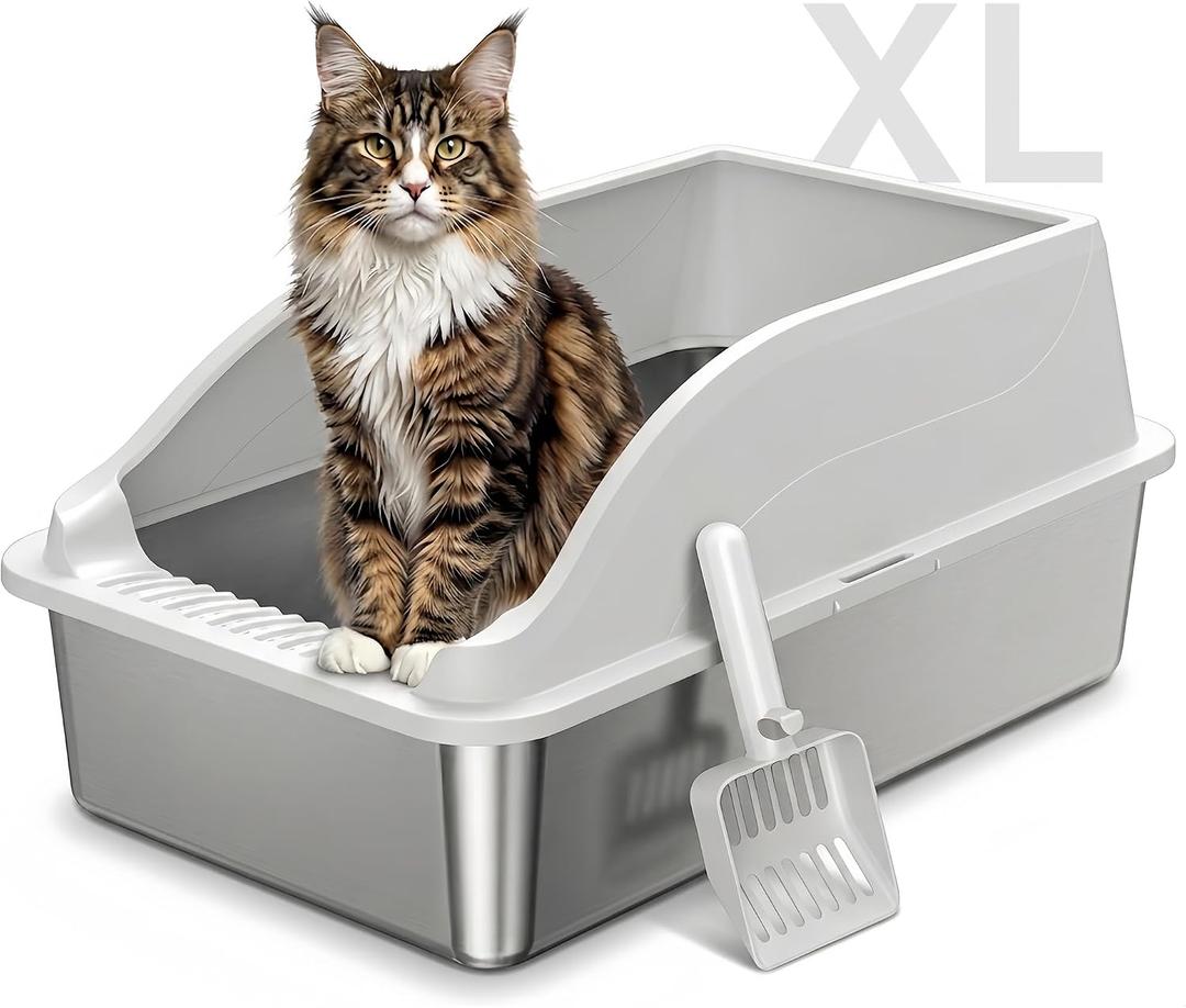Stainless Steel Cat Litter Boxes, XL Large Metal Litter Box with High Sides Lid, Odor Free Litter Pan Include Scoop Easy Cleaning Anti-Scratch Kitty Cat Box Anti-Urine Leakage, Non-Sticky