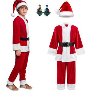 Kids Christmas Santa Costume Suit Cosplay Deluxe Plush Claus Costume for Boys Girls Halloween Christmas Party Outfits (3-4 Years, Red)