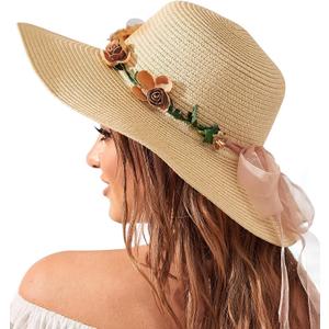 Beach Hats for Women, Wide Brim Sun Straw Hat for Women, Sun Hat UPF 50+ UV Protection