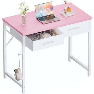 Pamray 32 Inch Small Computer Desk with 2 Drawers for Bedroom Study Writing Home Office Table for Small Spaces Pink