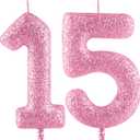 Glitter Pink Birthday Candles,Number 15 Candle,Happy 15th Birthday Candles for Girls Cake Topper Decor,2.36inch Number Candle Party Celebration Anniversary Decoration