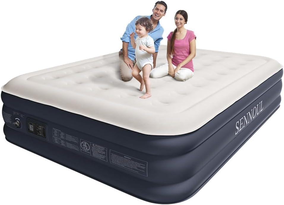 SENNOUL Air Mattress Queen with Built in Pump, Inflatable Mattress Blow Up Mattress 16 Raised Comfort,Upgraded Surface Portable Bed, Air Bed for Home, Guest, Camping, Colchone Inflable, 650 lbs