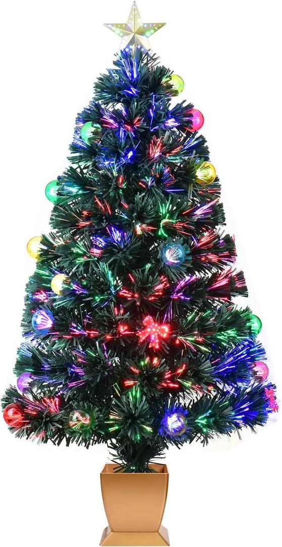 3ft Green Fiber Optic Christmas Tree, Prelit Artificial Tabletop mini Christmas Tree, Star, Butterfly and Ball Ornaments for Best Holiday Home Decorations
