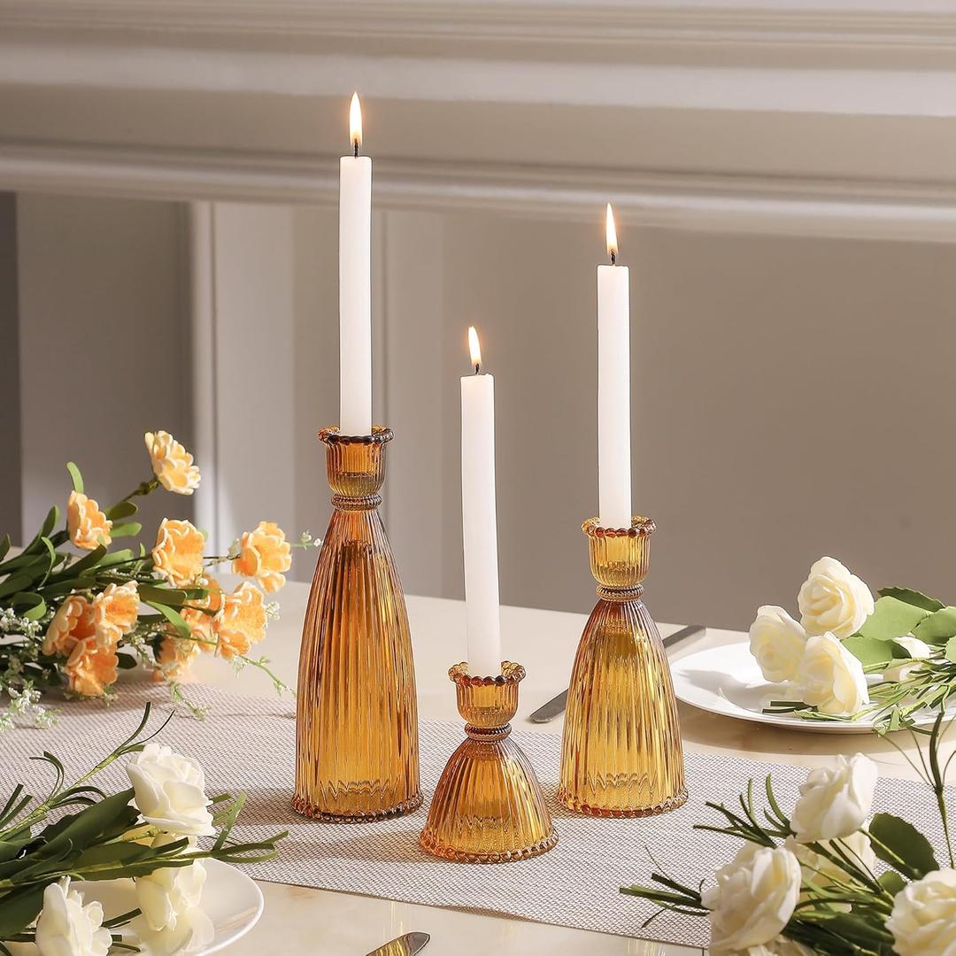 Vertical Stripe Candlestick Holders Set of 3, Premium Glass Candle Holders for Candlesticks and Taper Candles, Vintage Candle Holder Decor for Table Centerpiece, Amber