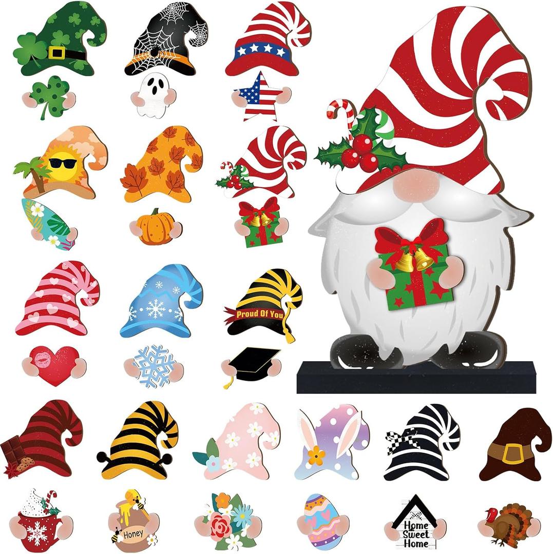 Blulu 32 Pcs Christmas Interchangeable Wooden Gnome Decor DIY Holiday Christmas Seasonal Tiered Tray Decoration Gnomes with Magnet Pieces Welcome Sign for Xmas Holiday Decorations (Fresh)