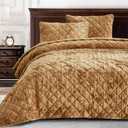 Chezmoi Collection Lux Caramel Gold Velvet Quilt King Set, 3-Piece Lush Plush Distressed Velvet Bedding All Season Lightweight Comforter Brushed Microfiber Reverse with Diamond Stitch Quilting