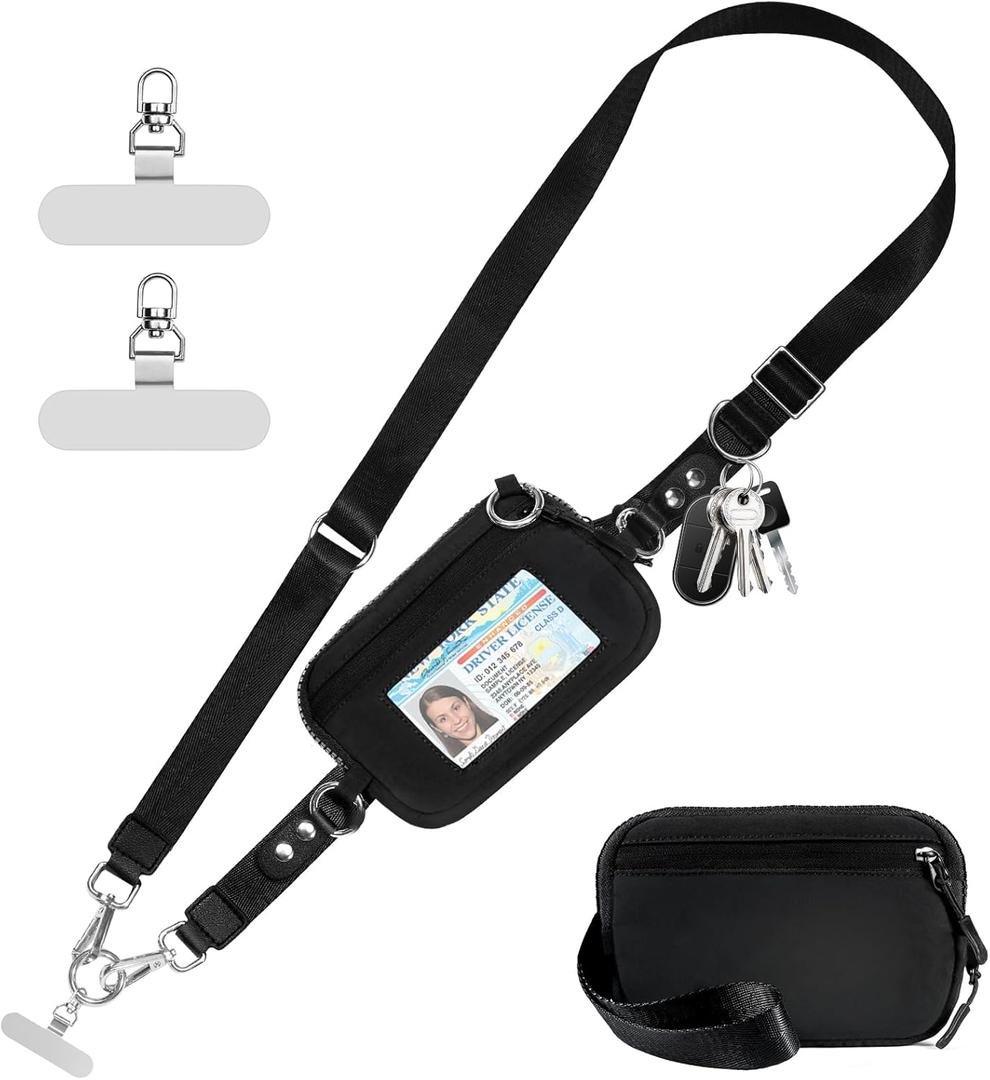 Clip and Go Strap for Phone with Wallet Crossbody Phone Lanyard Adjustable and Detachable RFID Wristlet Wallet with ID Window and Zipper, Black (Medium)