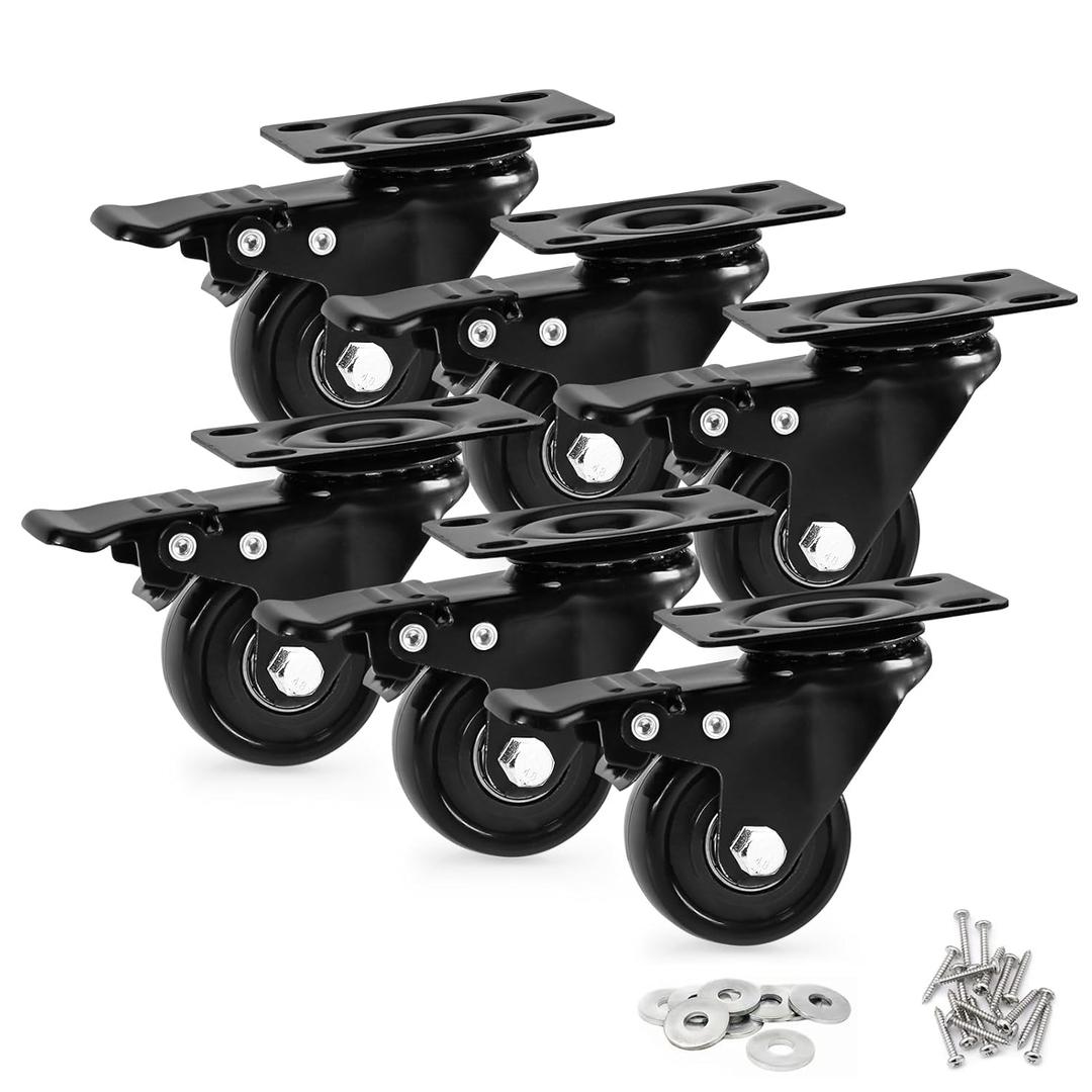 Caster Wheels, Heavy Duty 2 Inch Casters Set of 6, Locking Swivel Casters Wheels for Cart, Furniture and Workbench, Black