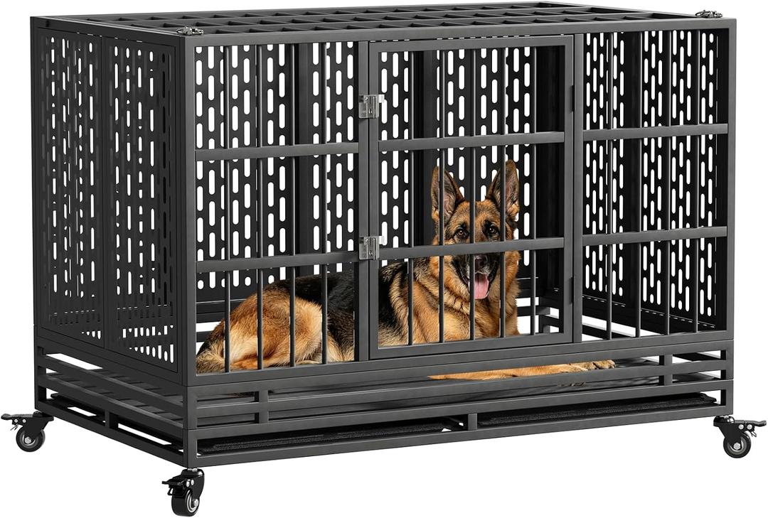 48 Inch Heavy Duty Dog Crate with Wheels, Metal Big Dog Cage for Large and Medium Dogs, Extra Large XL XXL Indestructible Dog Crate with Removable Tray.