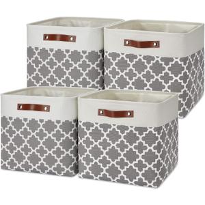 Temary 131313 Foldable Storage Cube Baskets Fabric Cube Storage Basket for Organizing Cloth Storage Bins with Leather Handles for Gifts Empty, Closet (Grey Lattice)