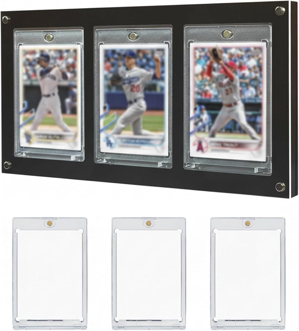 Acrylic Trading Card Display Frame for 3 Standard Cards, Wall Mount & Stand, Magnetic Holder UV Protection for Baseball Basketball Football Sports Collection, Compatible with Pokemon MTG