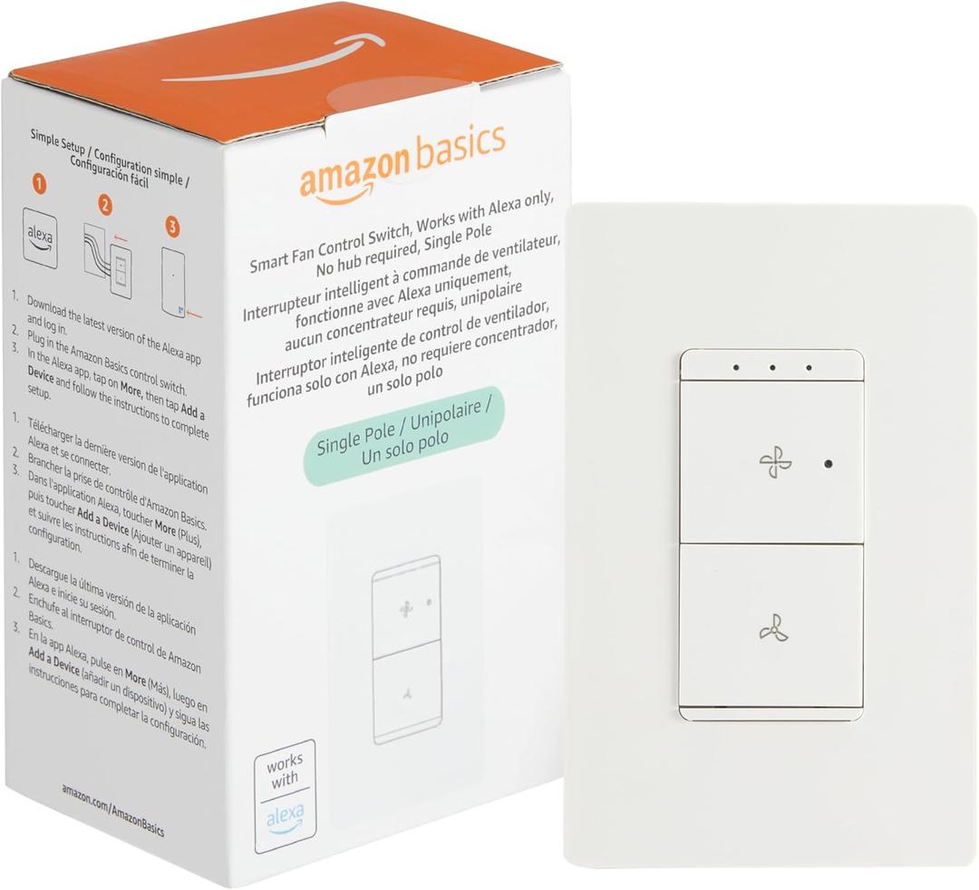 Amazon Basics Smart Ceiling Fan Control Switch, 4-Speed, Single Pole, Voice Control, Works with Alexa Only, Control from Anywhere, 2.4 GHz Wi-Fi, No Hub Required, White