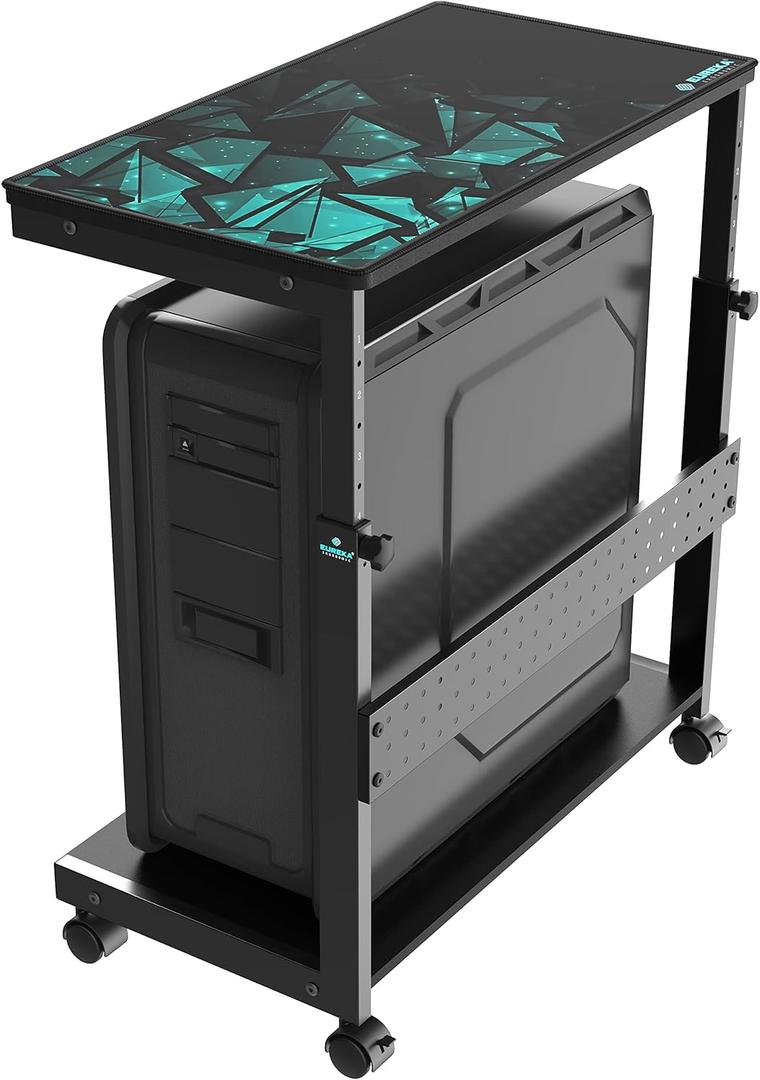 EUREKA ERGONOMIC Height Adjustable Computer Tower Stand, 2-Tier ATX-Case CPU Holder Cart Under Desk, Mobile PC Standing Table Home Office Gaming Accessories w/Rolling Wheels & Mouse Pad, Black 