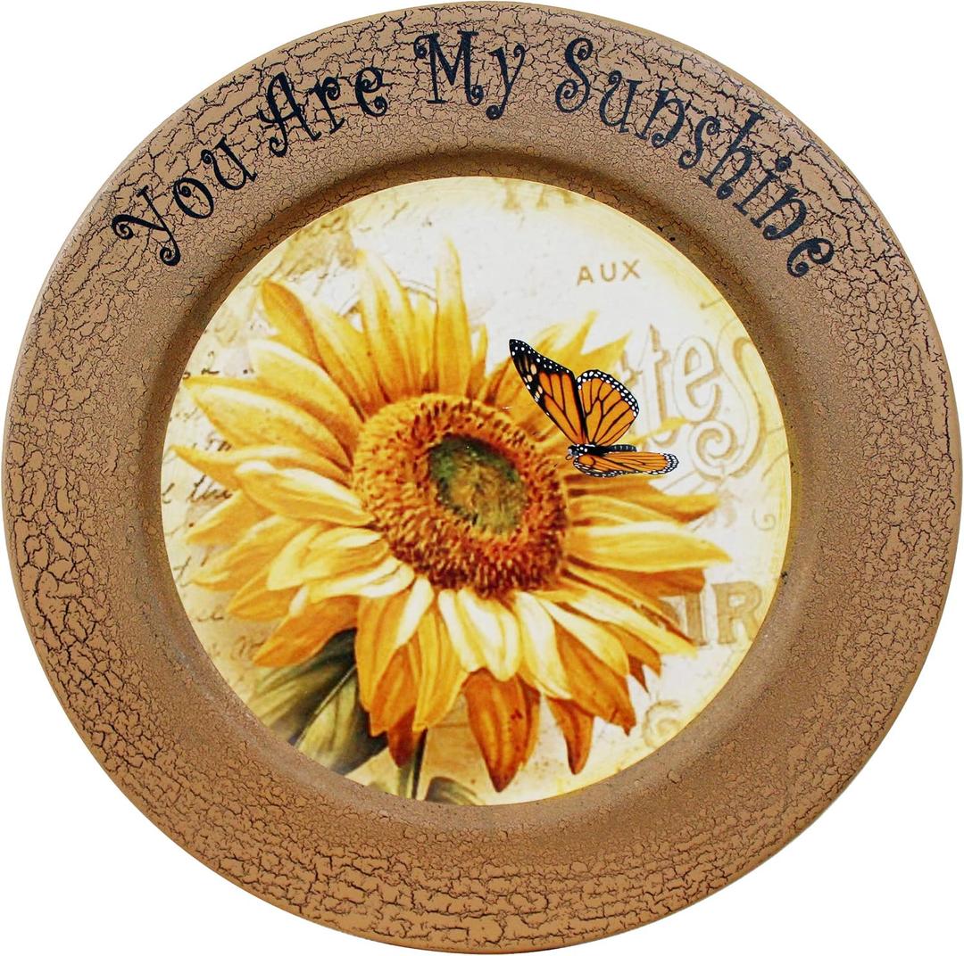 CVHOMEDECO. Sunflower Decorative Plate Primitives Round Crackled Display Wooden Plate Home Dcor Art, 13-1/4 Inch, 13-1/4" Dia. X 3/4"