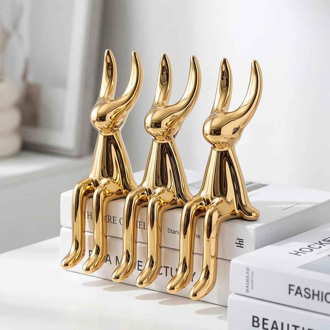 Pinkunn Set of 3 Easter Bunny Decor, Electroplated Sitting Bunny Figurine Statue, Ceramic Gold Rabbit Figurines Showpiece for Easter Table Decor, Spring Home Shelf Desk Counter