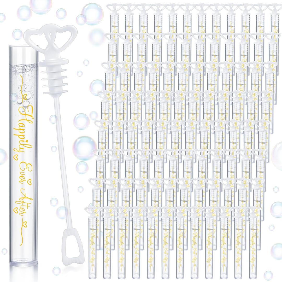 150 Pcs Bubble Wands Bulk for Wedding Party Mini Heart Wand with Bubble Solution for Wedding Bridal Showers Valentine Anniversary Graduation Birthday Supplies (White, Happy Ever After)