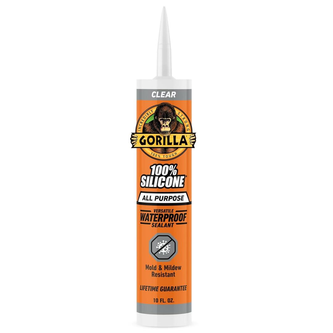 Gorilla 100% Silicone Waterproof Caulk, AllPurpose Sealant, Mold & Mildew Resistant, Flexible Seal, Clear, 10 oz Cartridge (Pack of 1)