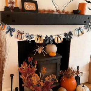 2 x 8.2 ft Halloween Wooden Plaid Pumpkin Garland Black Bow Pumpkin Banner Rustic Farmhouse Country Decor Wood Bow Banner Halloween Gingham Hanging Decor for Fireplace Mantel Wall Home Window