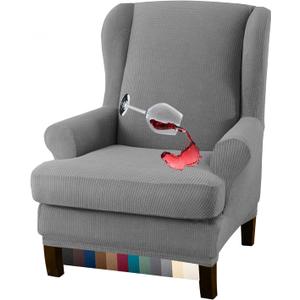 Granbest Premium Water Repellent Wingback Chair Cover 2-Piece High Stretch Jacquard Fabric Wing Back Chair Slipcovers (Wing Chair Cover, Light Gray)