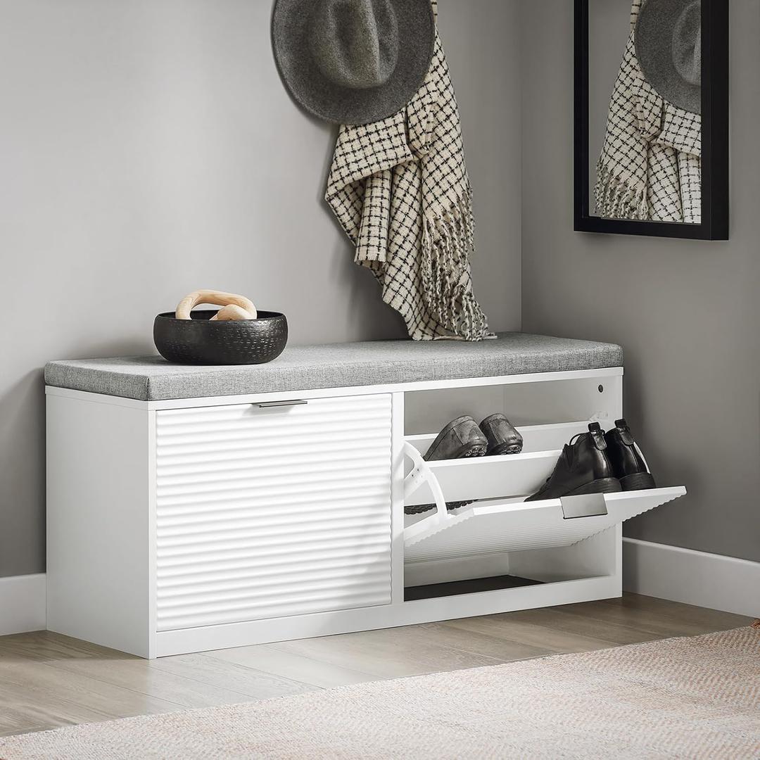 Shoe Storage Bench Entryway, Shoe Cabinet Bench with Padded Seat Cushion, Hallway Shoe Rack, White