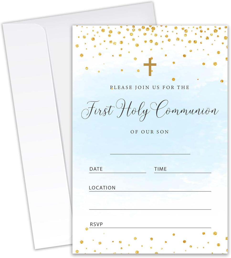 First Holy Communion Invitations for Son - 20 Invitation Cards 4x6 with 20 Envelopes - 1st Communion Invitations for Boy.(090)