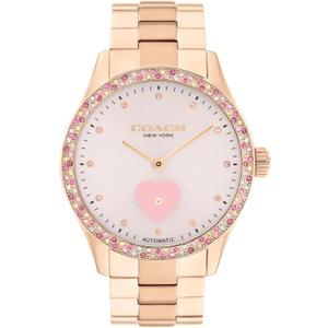 COACH Brooks Women's Automatic Watch - 38mm Stainless Steel Bracelet with Crystal-Set Bezel - Self-Winding - Premium Everyday Fashion - Gift for Her (Rose Gold-Pink Heart)