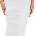 YFANG Women's Sexy Ruffle Hem Halter Deep V Neck Ruched Sleeveless Mesh Bodycon Cocktail Party Maxi Dress (White, M)