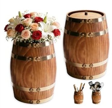 2-Pack Mini Wooden Whiskey Barrel Vases with Brass Hoops ，Vintage Rustic Burnt Wood Cooking Tool Utensil Holder ，Rustic Flower Vase for Home Decor, Western Farmhouse Vintage Kitchen & Dining Decor (2)