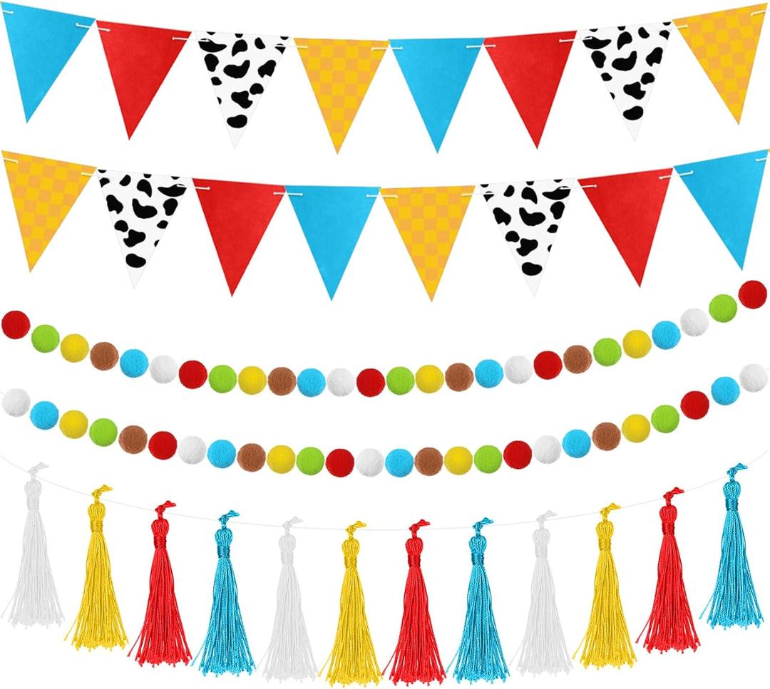 5 Pcs Cartoon Story Party Decorations 9.8 ft Story Baby Shower Decorations Happy Birthday Banner Tassel Triangle Flags Banners Felt Pom Pom Balls Garland for Holiday Outdoor Indoor Tree