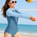 CrabQueen Girls Rash Guard Swimsuit UPF 50+ Long Sleeve One Piece Girls Bathing Suit Zipper Sun Protection Swimwear for 10-12Y