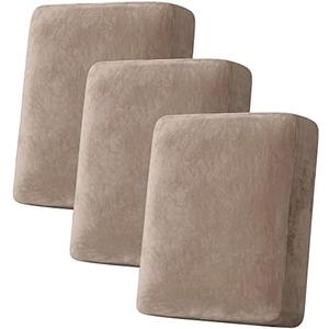 H.VERSAILTEX Velvet Stretch Couch Cushion Cover Plush Cushion Slipcover for Chair Loveseat Sofa Cushion Furniture Protector Seat Cushion Sofa Cover (3 Piece Sofa Cushion Covers, Taupe)