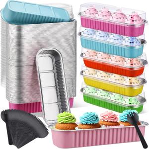 Blushtier 540 Pcs Mini Loaf Pans with Lids and Spoons 6.8 oz Rectangular Aluminum Foil Baking Pans Mini Cake Tins for Bread Desserts(Pastel Color,Rectangle Style)