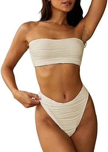 ZAFUL Women Strapless Textured Bandeau Bikini 2 Piece Swimwear Cheeky Solid Lace up Bathing Suits Size US 6