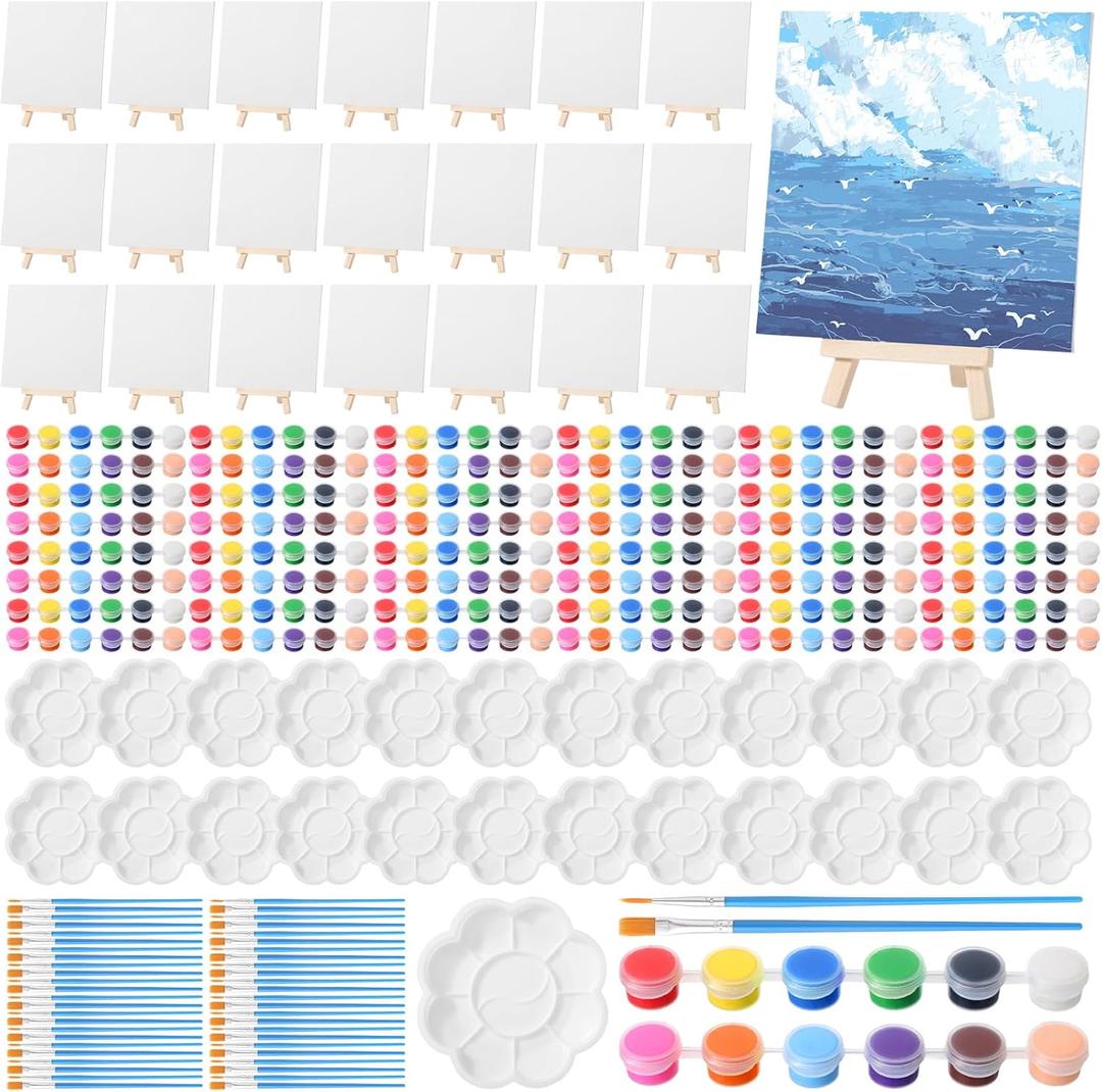 Qilery 24 Set 6 x 6 Inch Canvas Boards and Easel for Painting, Acrylic Paint Strips, Palettes, Brushes, Canvases Painting Kits for Kids Adults Artists Beginners Oil Acrylic Painting Party Favors (5.9" x 5.9")