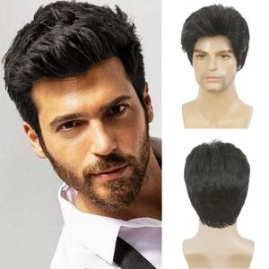 Short Black Wig for Men Layered Fluffy Hair Natural Looking Male Guy Halloween Cosplay Party Costume Hair Synthetic Fiber Wigs